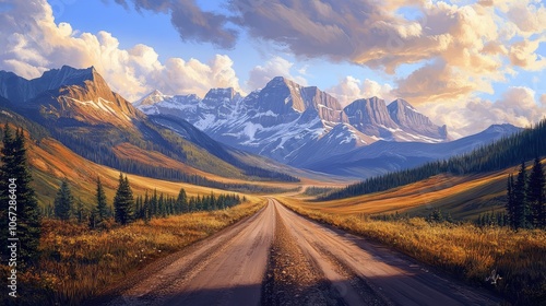 A lonely, gravel road cutting through a rugged, mountainous rural landscape, framed by tall peaks in the background