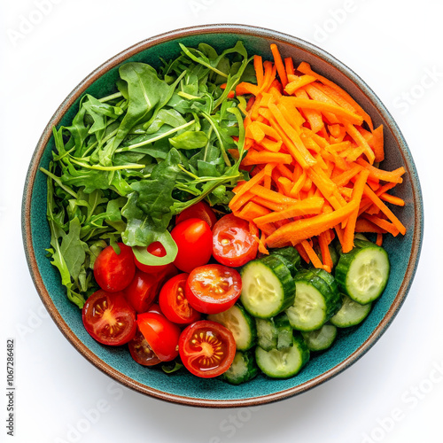 A vibrant salad bowl filled with greens, cherry tomatoes, cucumbers, and carrots, isolated on a white background, highlighting freshness