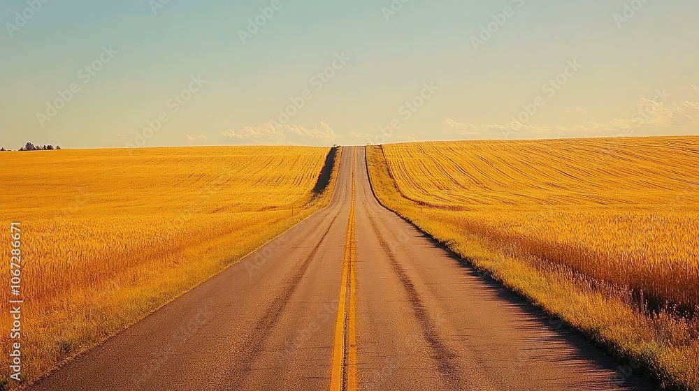A long, straight country road flanked by golden fields of wheat, stretching into the distance under a wide open sky A long, straight country road flanked by golden fields of wheat, stretching into the distance under a wide open sky