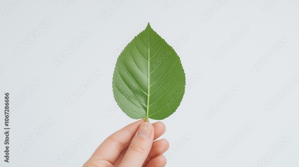 Hand Holding Fresh Green Leaf Against Minimalist Background for Eco-Friendly Concepts. Hand Holding Fresh Green Leaf Against Minimalist Background for Eco-Friendly Concepts.