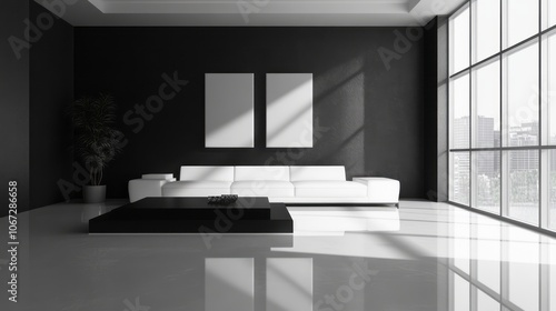 Modern Living Room with White Sofa, Black Coffee Table, and City View