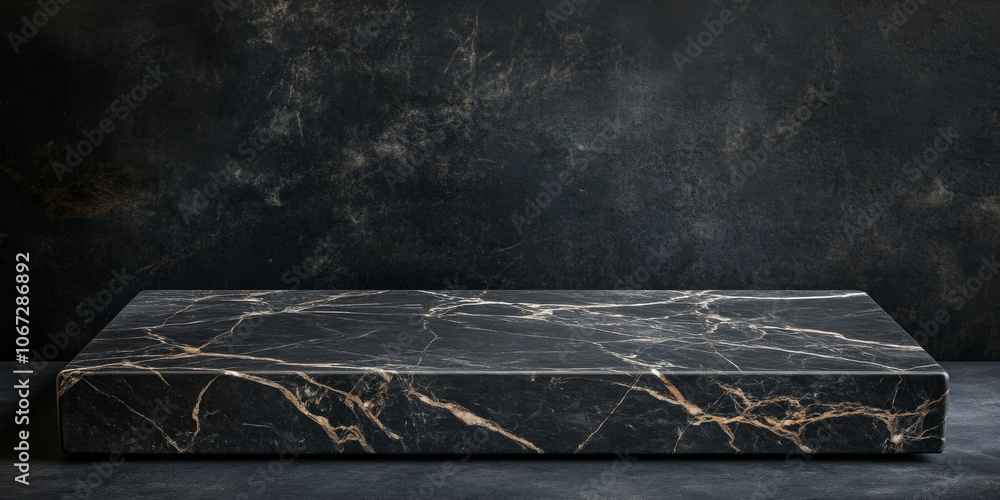 Elegant black stone podium with natural stone veins, set against a dark gradient background, ideal for luxury product display Elegant black stone podium with natural stone veins, set against a dark gradient background, ideal for luxury product display