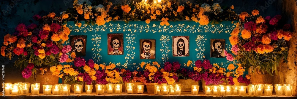 Fototapeta premium Day of the Dead Altar with Flowers Skulls and Candles