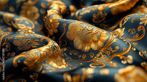 Luxurious brocade fabric with ornate floral patterns in rich gold tones photo