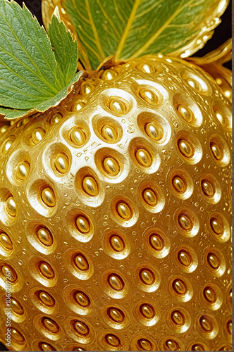 A close up of a gold strawberry with a green leaf.