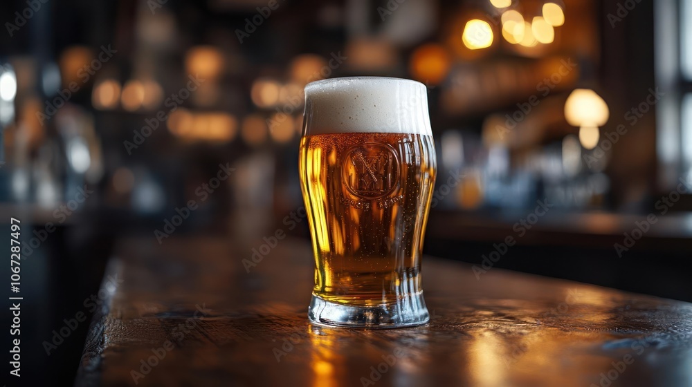 A beer glass filled with beer on a bar counter. A beer glass filled with beer on a bar counter.