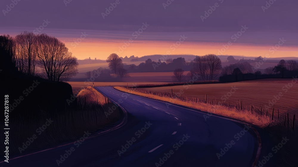 A rural road at twilight, with the fading sunlight casting a warm glow over the empty road and surrounding fields A rural road at twilight, with the fading sunlight casting a warm glow over the empty road and surrounding fields