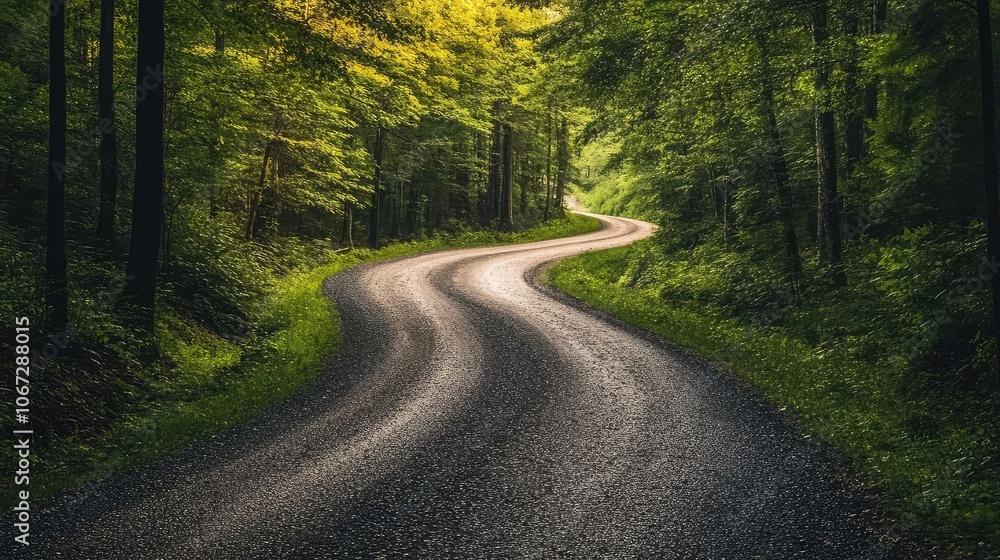 A rural road cutting through a dense forest, with the sunlight casting dappled shadows on the gravel surface below A rural road cutting through a dense forest, with the sunlight casting dappled shadows on the gravel surface below