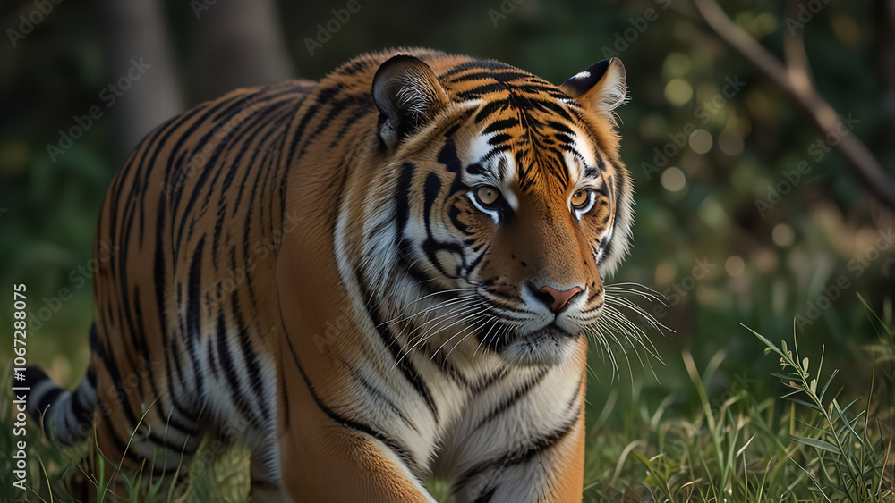 A majestic tiger stalking its prey. A majestic tiger stalking its prey.