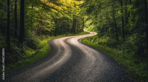 A rural road cutting through a dense forest, with the sunlight casting dappled shadows on the gravel surface below