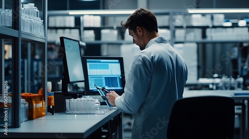 Inspector using digital tools to check product measurements on a factory floor, measurement accuracy, high-tech quality control