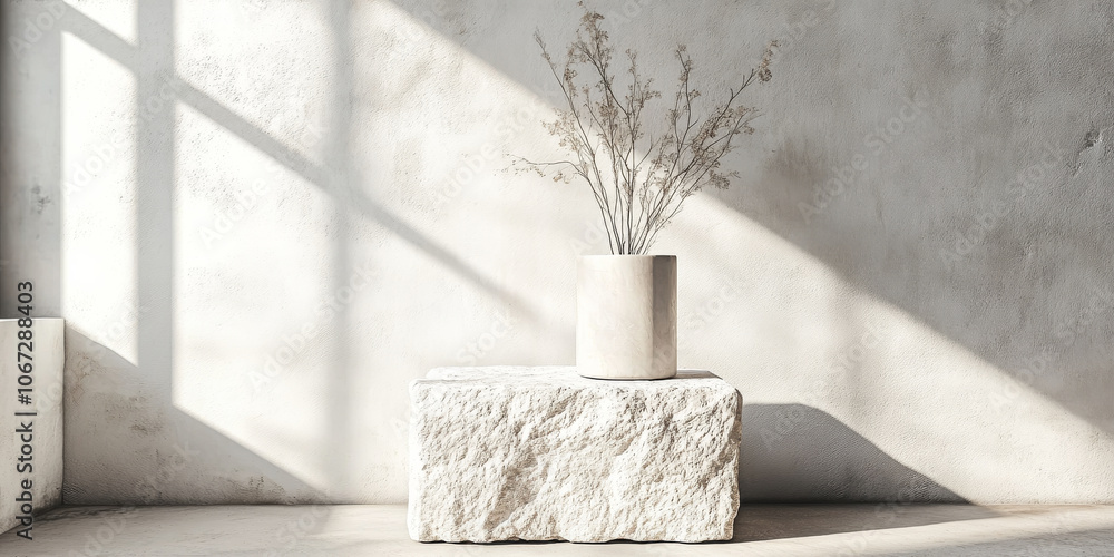 Sleek white stone pedestal with rough, rustic texture, offering a sophisticated look for product display Sleek white stone pedestal with rough, rustic texture, offering a sophisticated look for product display