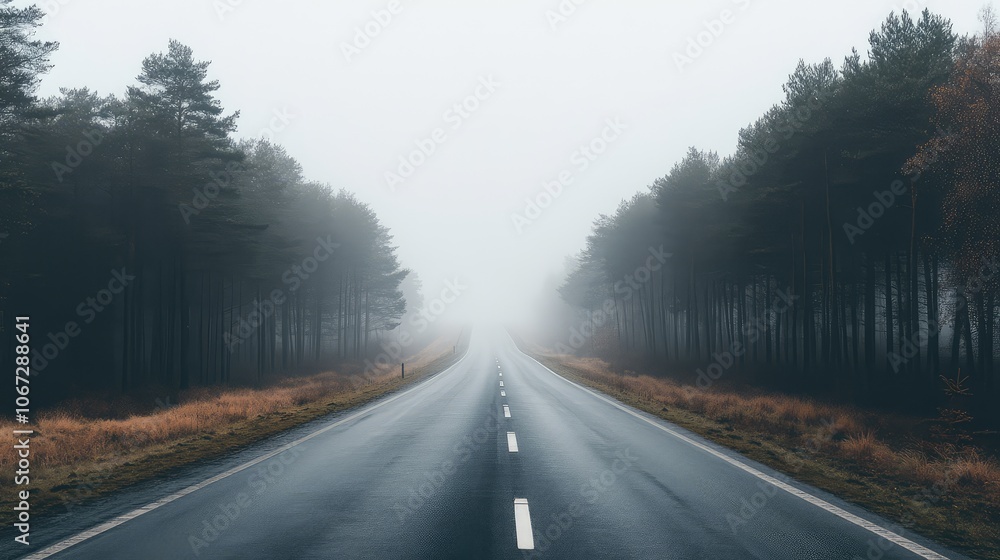A lonely highway disappearing into the fog, framed by dark, looming trees on either side of the road A lonely highway disappearing into the fog, framed by dark, looming trees on either side of the road