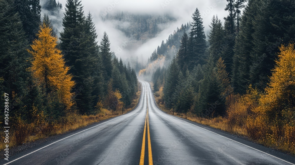 A lonely highway disappearing into the fog, framed by dark, looming trees on either side of the road A lonely highway disappearing into the fog, framed by dark, looming trees on either side of the road