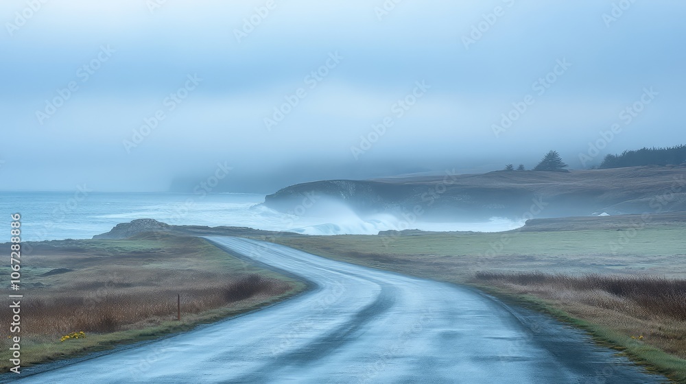 A misty coastal road with ocean waves crashing in the distance, partially obscured by the thick, low-lying fog A misty coastal road with ocean waves crashing in the distance, partially obscured by the thick, low-lying fog