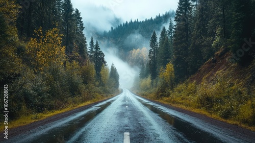 A mist-covered road through a dense forest, with tall trees fading into the background as the fog envelops the scene