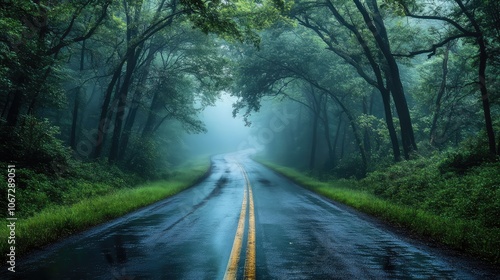 A misty forest road with damp pavement glistening, surrounded by towering trees that fade into the dense fog above