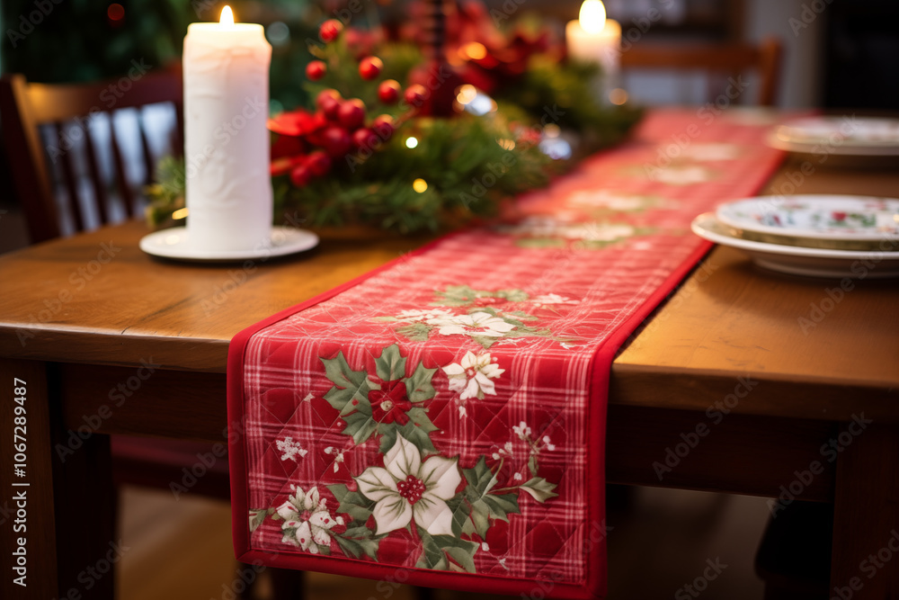 A beautifully decorated dining table for a festive celebration, featuring a red table runner with floral designs, candles, and holiday decor, creating a warm and inviting atmosphere. A beautifully decorated dining table for a festive celebration, featuring a red table runner with floral designs, candles, and holiday decor, creating a warm and inviting atmosphere.