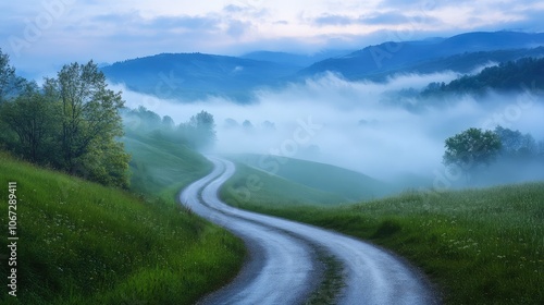 A narrow road winding through foggy hills, with the mist softening the landscape and creating a calm, serene mood