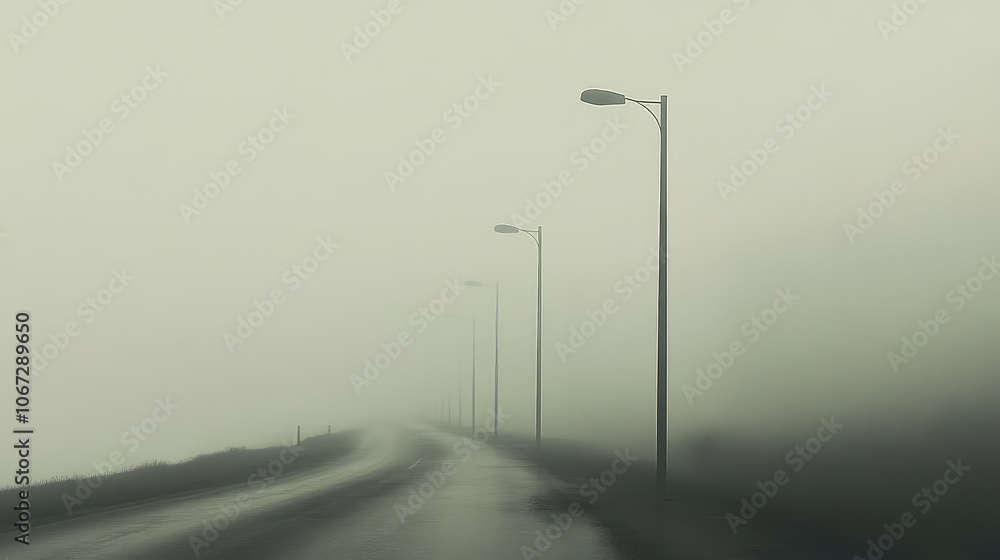 A road vanishing into the foggy horizon, with tall lamp posts casting soft, muted light through the mist A road vanishing into the foggy horizon, with tall lamp posts casting soft, muted light through the mist