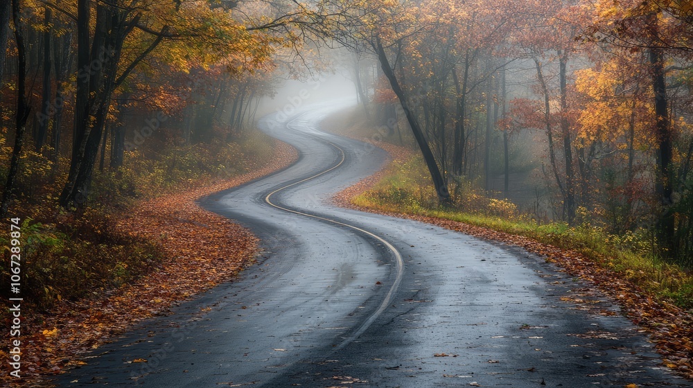 A winding road on a misty autumn morning, with fallen leaves scattered across the damp asphalt and fog clinging to the trees A winding road on a misty autumn morning, with fallen leaves scattered across the damp asphalt and fog clinging to the trees