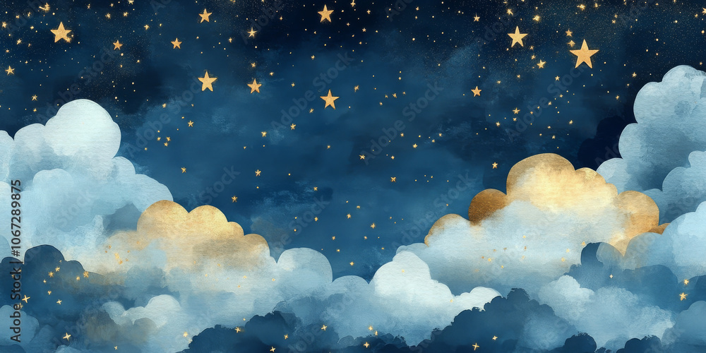Seamless celestial night sky pattern with delicate gold foil stars and clouds in watercolor textures, featuring constellations on a dark blue background Seamless celestial night sky pattern with delicate gold foil stars and clouds in watercolor textures, featuring constellations on a dark blue background