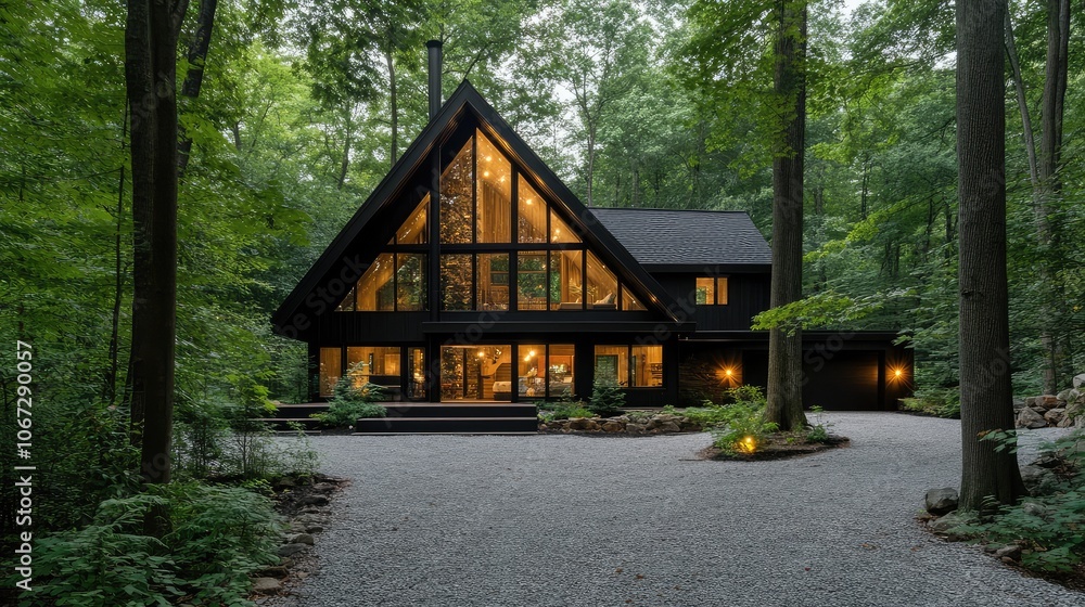 A modern A-frame cabin with bold black accents, expansive windows, set amid tall trees, with gravel driveway blending into forest floor. A modern A-frame cabin with bold black accents, expansive windows, set amid tall trees, with gravel driveway blending into forest floor.