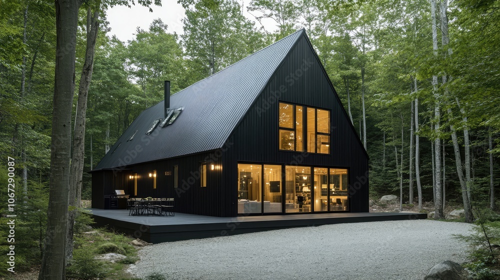 A modern A-frame cabin with bold black accents, expansive windows, set amid tall trees, with gravel driveway blending into forest floor. A modern A-frame cabin with bold black accents, expansive windows, set amid tall trees, with gravel driveway blending into forest floor.
