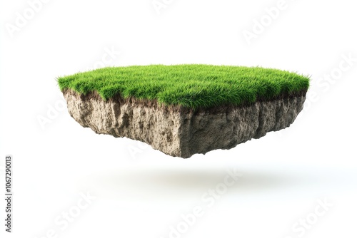 Floating piece of land with grass, isolated on a white background