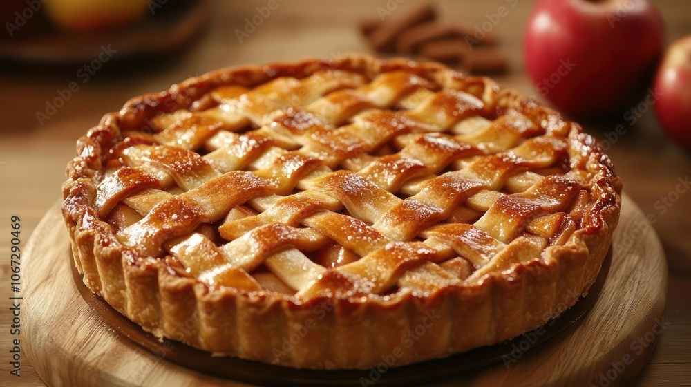Baked apple pie with caramelized apples, topped with a flaky crust. Baked apple pie with caramelized apples, topped with a flaky crust.