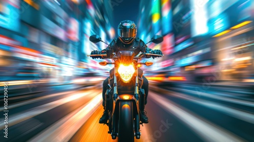 Motorcyclist Riding Through Vibrant City Streets at High Speed with Motion Blur