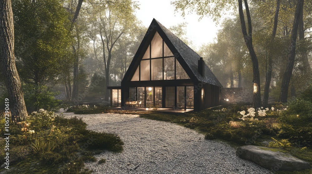 A-frame structure with clean, black metal accents and broad windows, gravel drive weaving through forest, showcasing modern woodsy retreat.