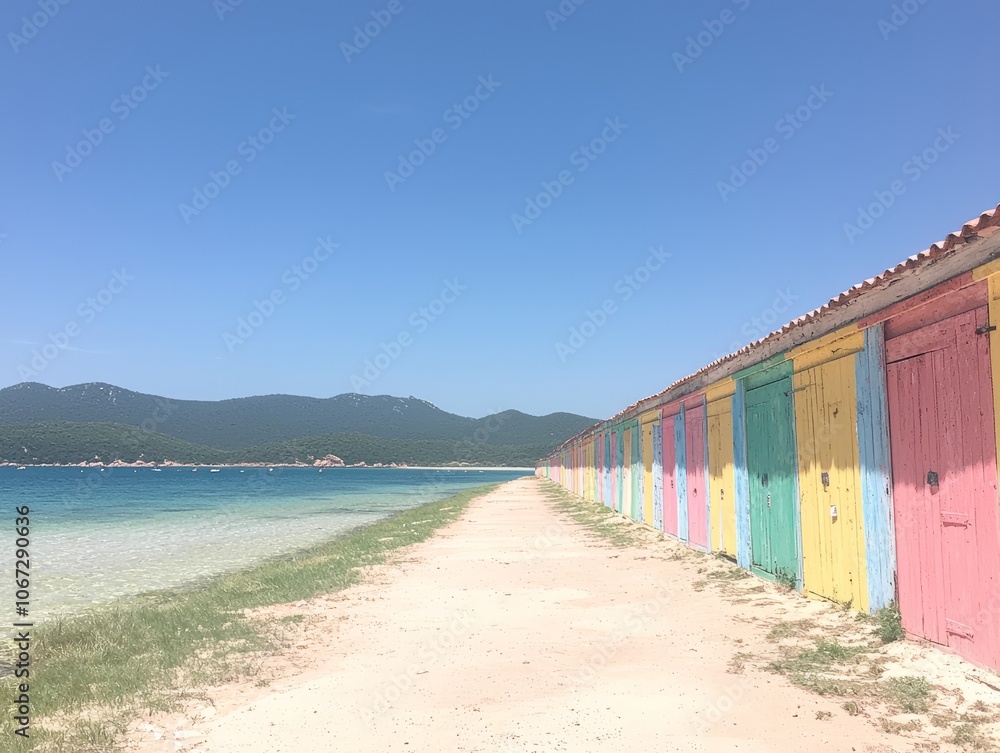 Colorful beach huts line a sandy path by the clear blue water. Colorful beach huts line a sandy path by the clear blue water.