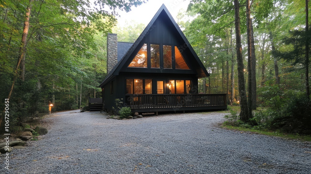 Architectural A-frame cabin with sharp lines, black trim, full-length windows in forested setting, gravel driveway leading to entrance. Architectural A-frame cabin with sharp lines, black trim, full-length windows in forested setting, gravel driveway leading to entrance.