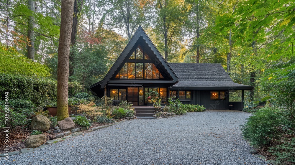 Architectural A-frame cabin with sharp lines, black trim, full-length windows in forested setting, gravel driveway leading to entrance. Architectural A-frame cabin with sharp lines, black trim, full-length windows in forested setting, gravel driveway leading to entrance.