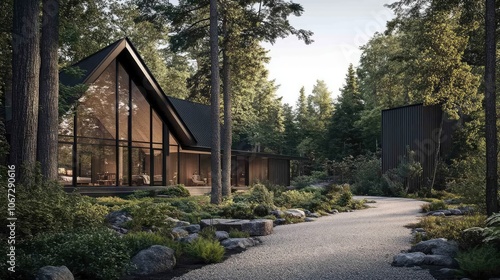 A-frame structure with clean, black metal accents and broad windows, gravel drive weaving through forest, showcasing modern woodsy retreat.