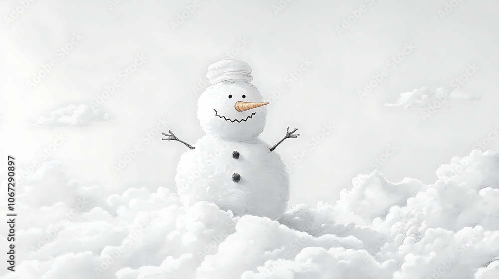 Cheerful Snowman in a Cloudy Sky Illustration Cheerful Snowman in a Cloudy Sky Illustration