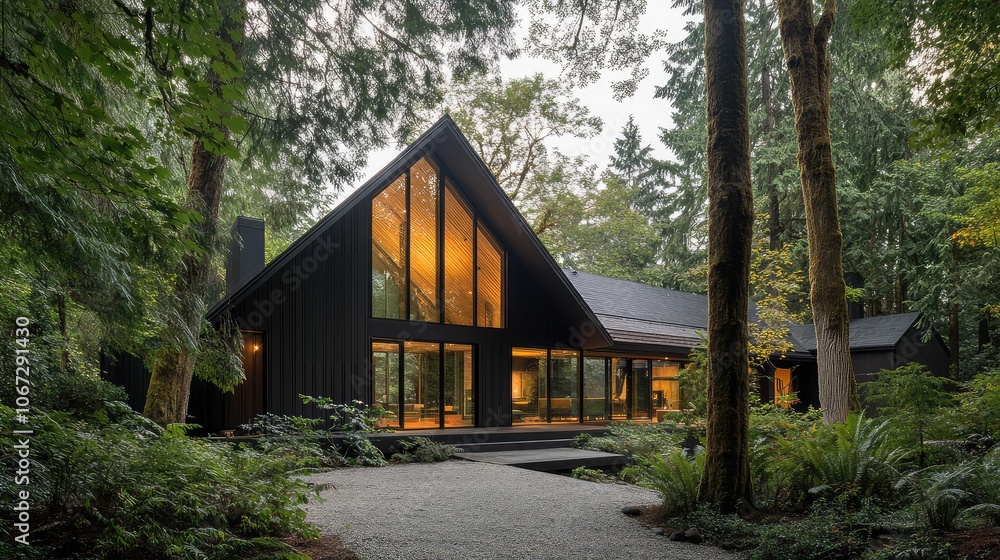 Modern A-frame cabin framed by dense trees, black accents and sleek lines, large windows capturing the surrounding forest, gravel approach. Modern A-frame cabin framed by dense trees, black accents and sleek lines, large windows capturing the surrounding forest, gravel approach.