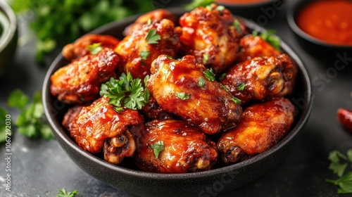Colorful chicken wings with barbecue sauce served in a bowl, accompanied by additional condiments like parsley and cilantro.