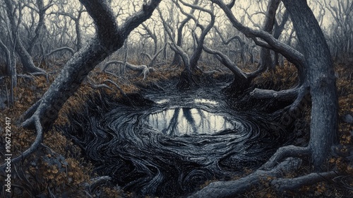 Barren woods with a deep tar pit in the center, black ooze rippling under dead tree branches, creating a surreal, ominous atmosphere. photo