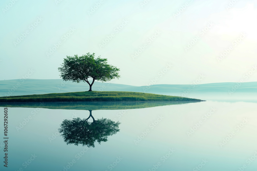 A lone tree is reflected in the water of a lake A lone tree is reflected in the water of a lake