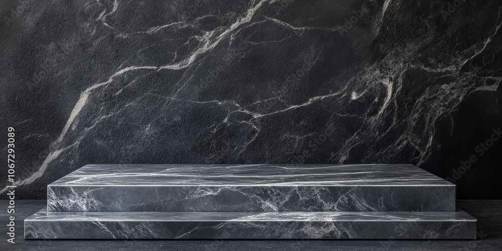 Elegant grey stone podium with subtle marbling and polished edges, suitable for high-end product presentations Elegant grey stone podium with subtle marbling and polished edges, suitable for high-end product presentations