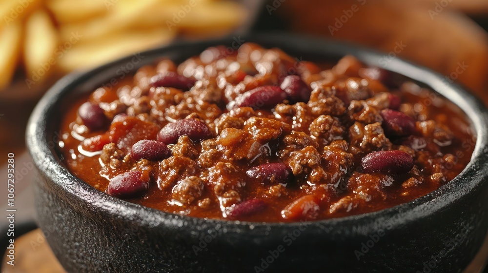 Chili and chips served in a pot on a dining table Chili and chips served in a pot on a dining table