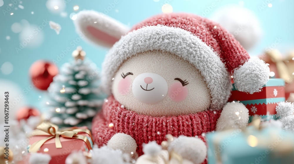 Cute plush bunny in a Santa hat surrounded by festive gifts and decorations, AI Cute plush bunny in a Santa hat surrounded by festive gifts and decorations, AI