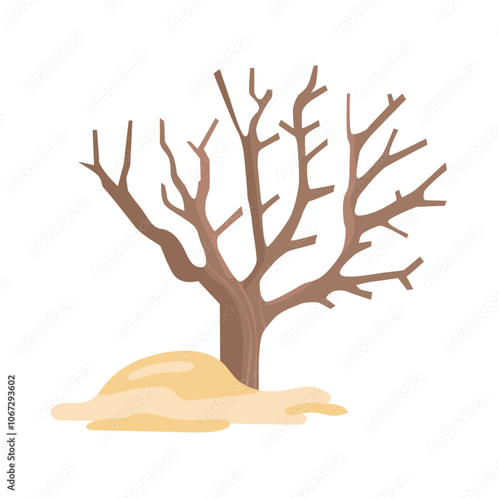 Dry tree in desert in flat design. Dead plant trunk by hot sand hill. Vector illustration isolated. Dry tree in desert in flat design. Dead plant trunk by hot sand hill. Vector illustration isolated.