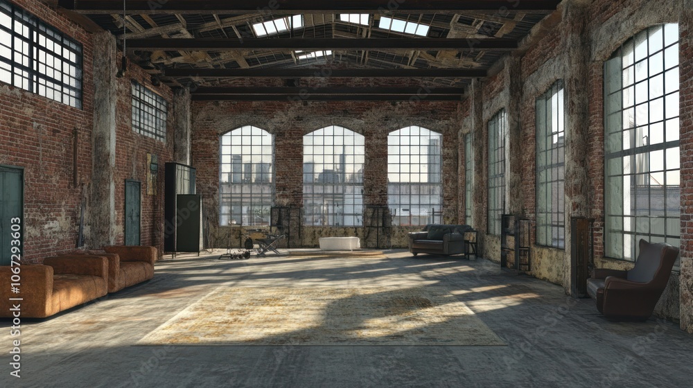 An industrial warehouse with exposed brick and large windows, An industrial warehouse with exposed brick and large windows,