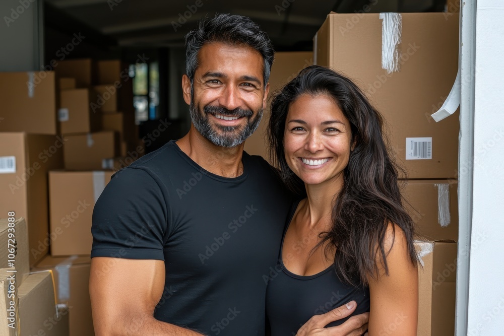 A smiling couple poses with arms around each other, standing in a moving truck filled with stacked boxes, symbolizing teamwork and a shared adventure. A smiling couple poses with arms around each other, standing in a moving truck filled with stacked boxes, symbolizing teamwork and a shared adventure.