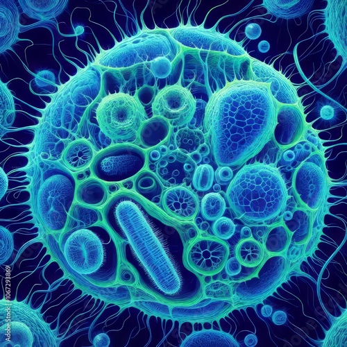 Anabaena vegetative cells stained to highlight cell walls and nu
