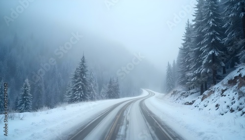 A winding snowy road through a foggy, forested mountain landscape