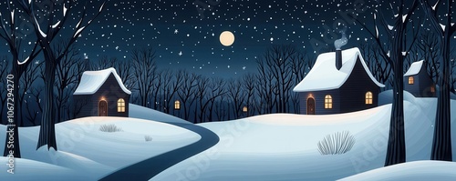 A tranquil winter scene featuring snow-covered houses under a starry night sky, with a bright moon illuminating the surroundings.